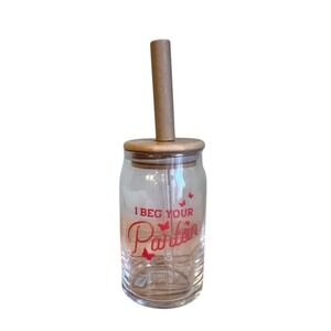 Dolly Parton I Beg Your Parton Glass Can Tumbler Bamboo Lid Straw Red Clear 1028